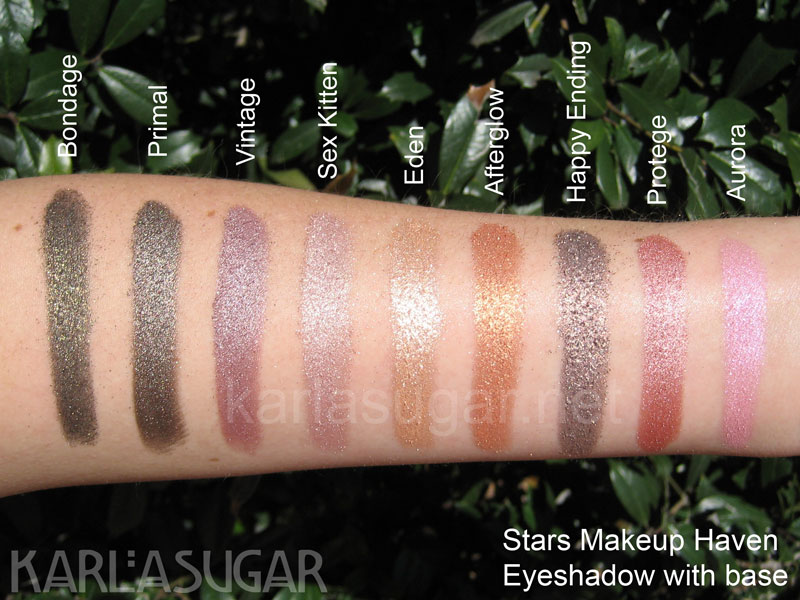 Stars-Makeup-Haven-with-base Stars Makeup Haven, SMH, swatches, Bondage, Primal, Vintage, Sex Kitten, Eden, Afterglow, Happy Ending, Protege, Aurora