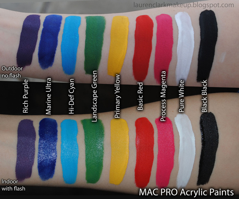 MAC-Acrylic-Paint-swatches MAC, Acrylic Paint swatches, Rich Purple, Marine Ultra, Hi-Def Cyan, Landscape Green, Primary Yellow, Basic Red, Process Magenta, Pure White, Pure Black