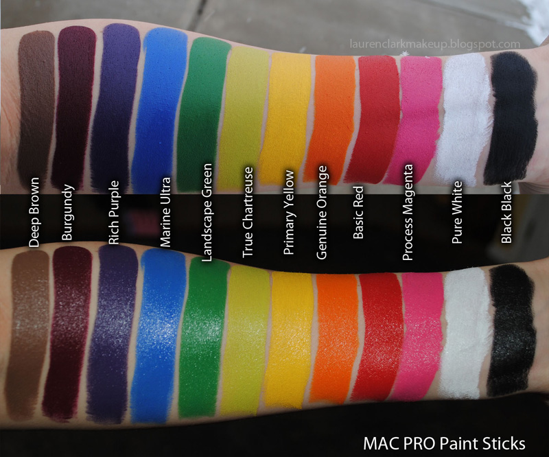 MAC-Paint-Sticks MAC, Paint Sticks, swatches, Deep Brown, Burgundy, Rich Purple, Marine Ultra, Landscape Green, True Chartreuse, Primary Yellow, Genuine Orange, Basic Red, Process Magenta, Pure White, Pure Black