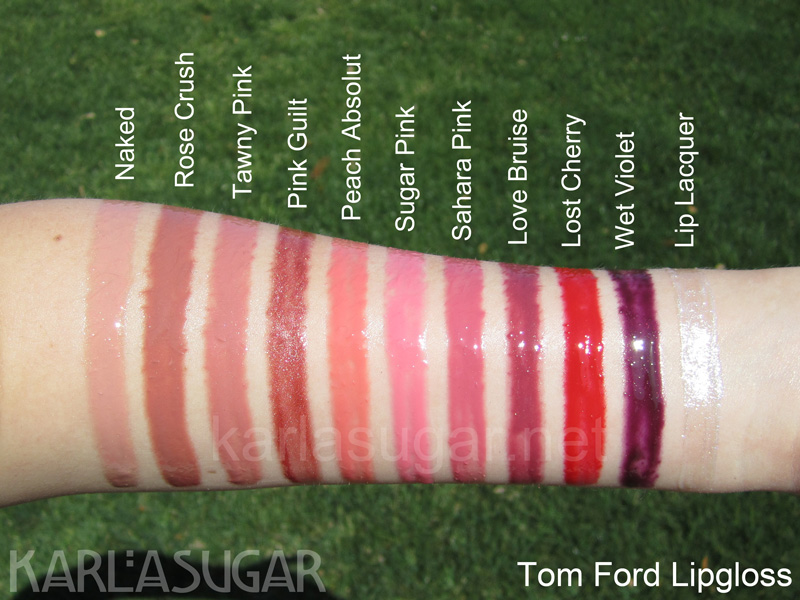 Tom-Ford-lipgloss Tom Ford, lipgloss, swatches, Naked, Rose Crush, Tawny Pink, Pink Guilt, Peach Absolut, Sugar Pink, Sahara Pink, Love Bruise, Lost Cherry, Wet Violet, Lip Lacquer, KarlaSugar, Karla Sugar